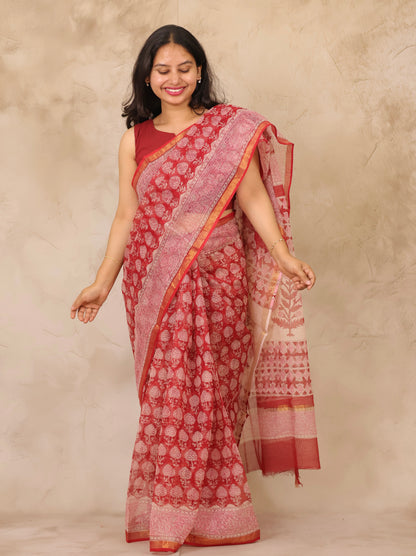 Maroon Pure Kota Doria Saree with Bagru Handblock Prints | Looms & Tassels