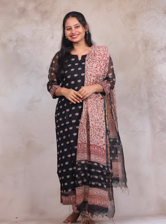 Black Handblock printed kota 3 piece suit (stitched)