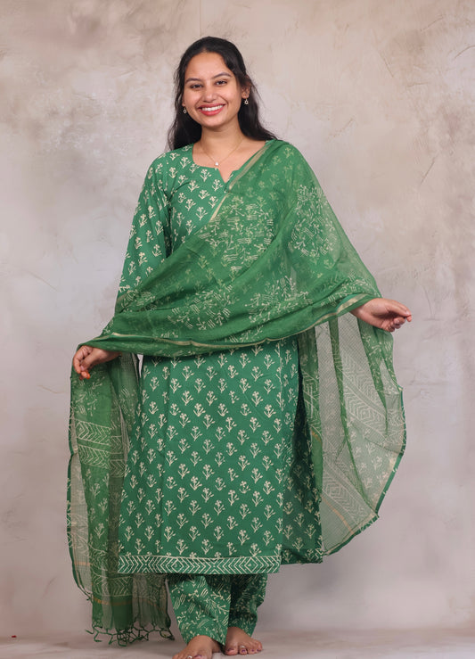 Green Handblock printed Pure Mul Cotton with Kota Duppata 3 piece suit (stitched)