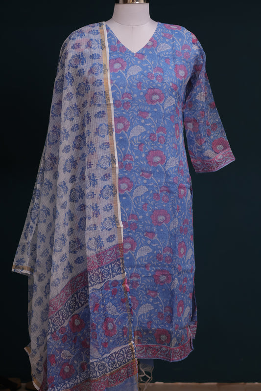 Handblock printed kota 3 piece suit (stitched)