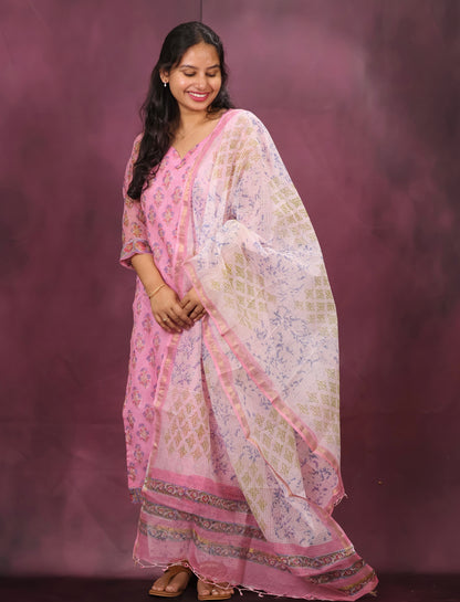 Pink Handblock printed kota 3 piece suit (stitched)