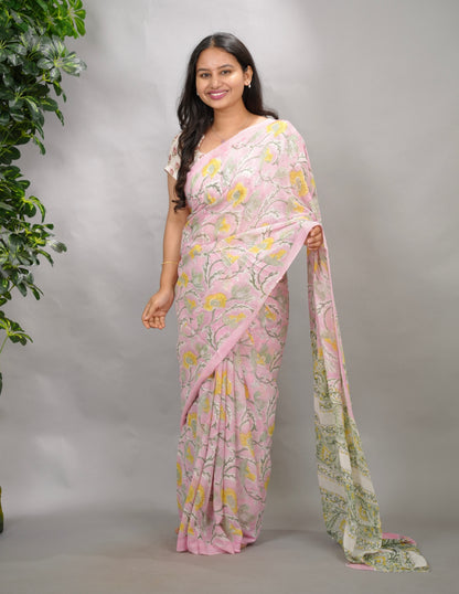Pastel Pink Georgette Hand Block Printed Saree| Looms & Tassels
