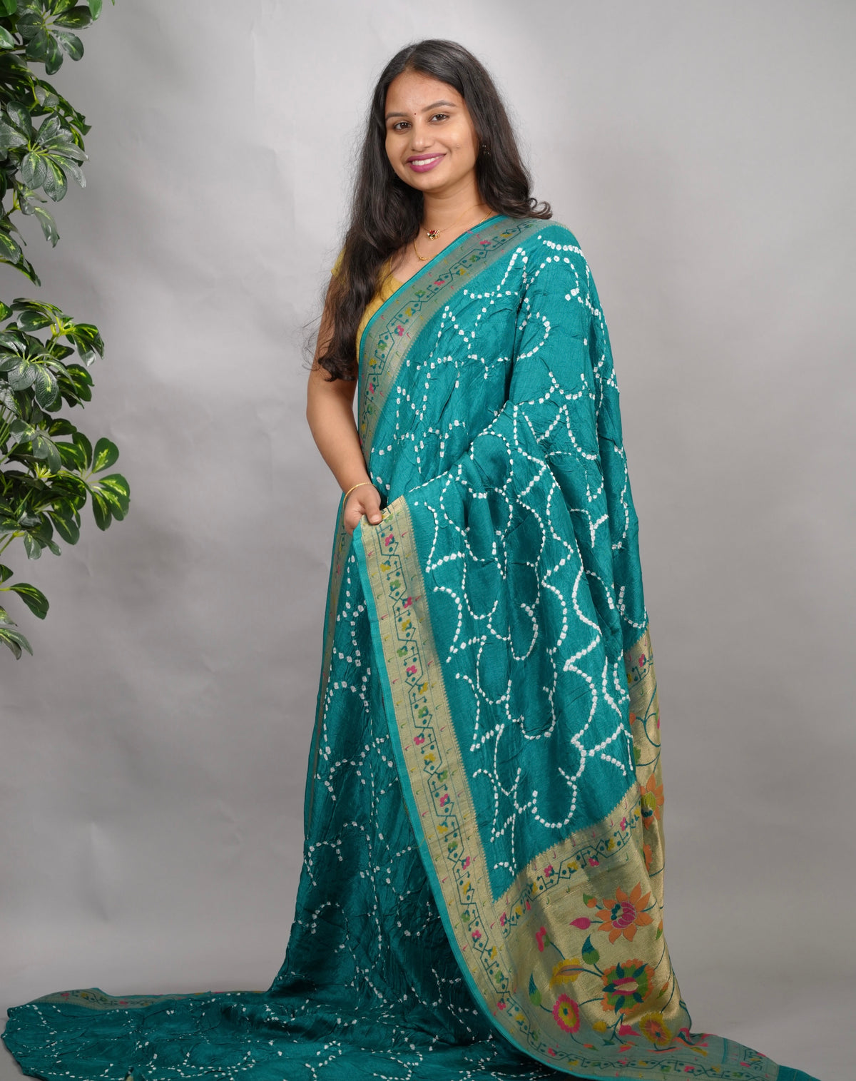 Blue Handcrafted  Pattern Bandhani Paithani Dola Silk Saree | Looms & Tassels