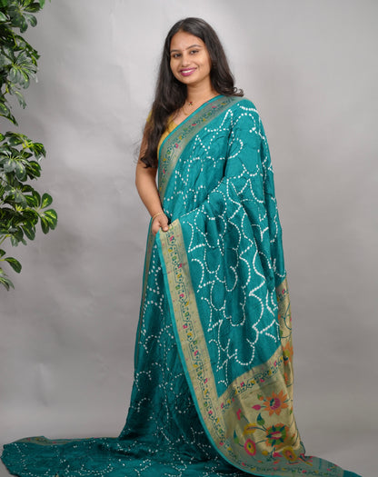 Blue Handcrafted  Pattern Bandhani Paithani Dola Silk Saree | Looms & Tassels