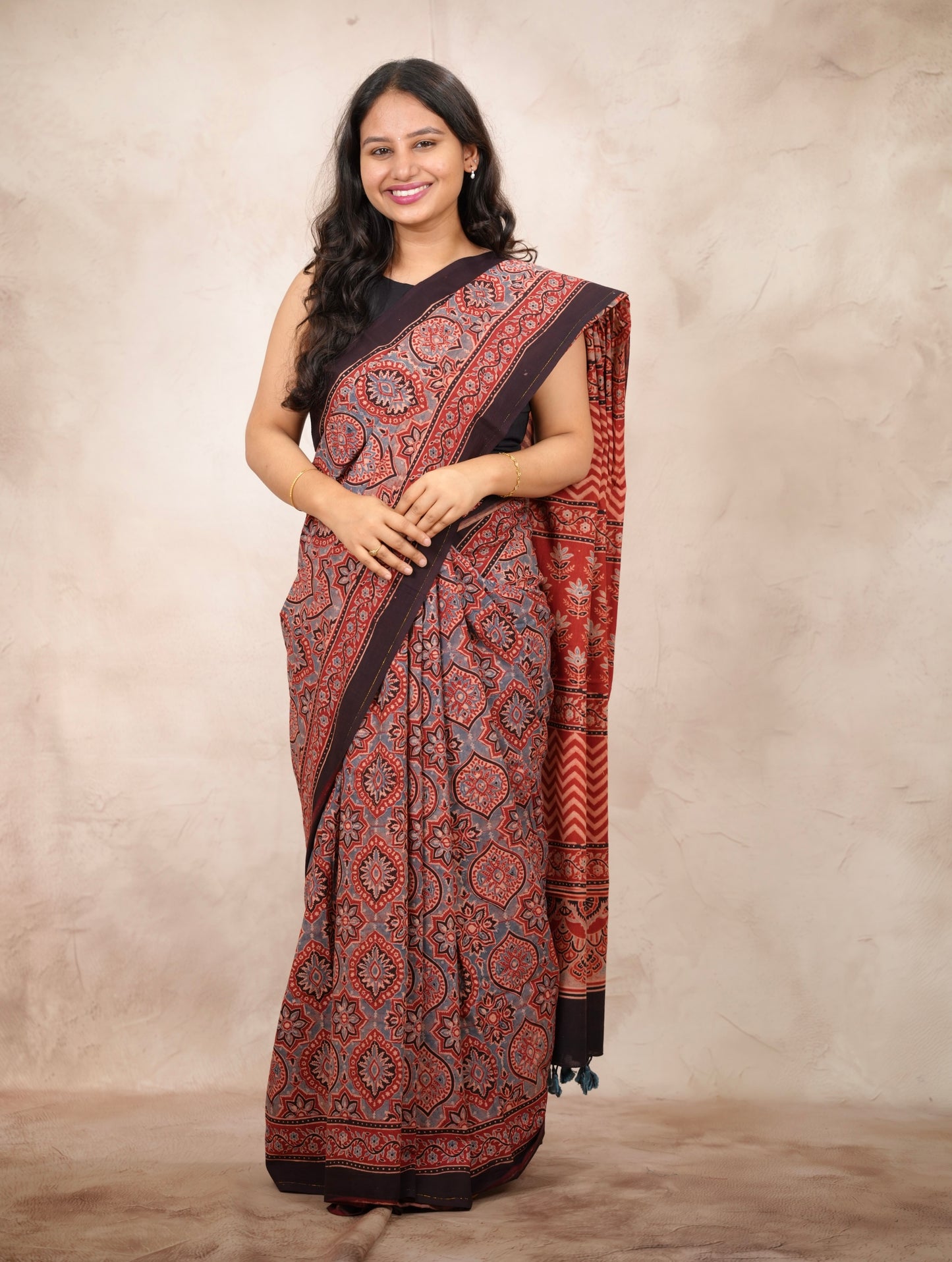 Maroon Ajrakh Hand Block Printed Cotton Saree | Looms & Tassels