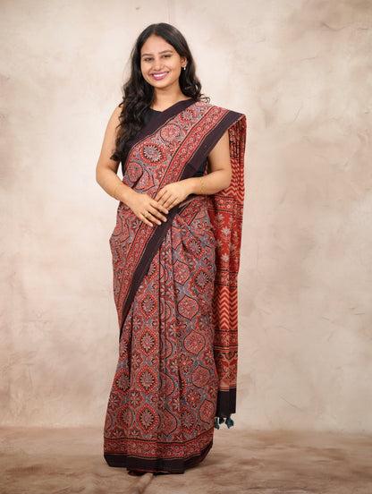 Maroon Ajrakh Hand Block Printed Cotton Saree | Looms & Tassels