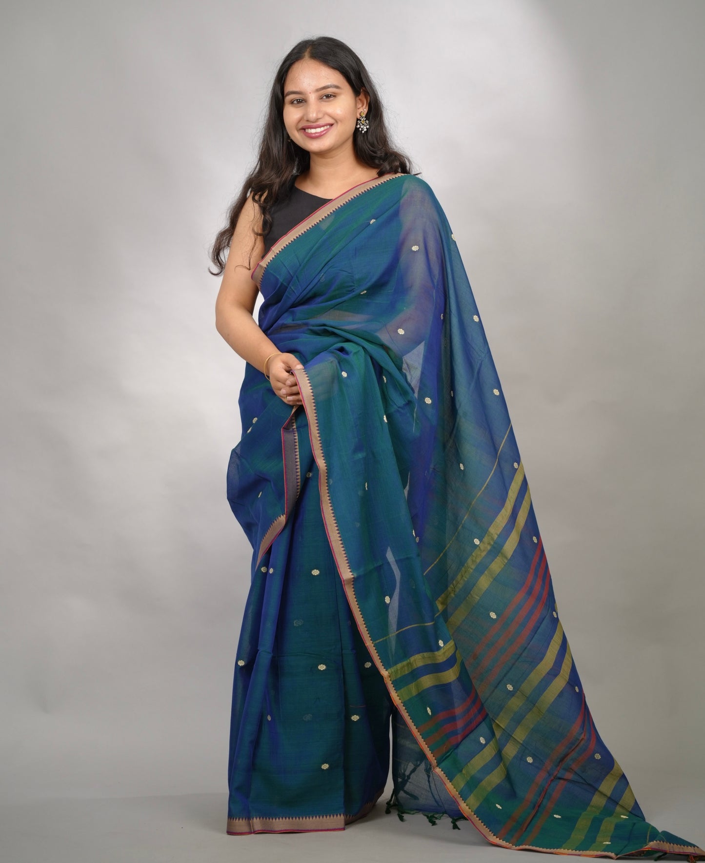 Peacock Blue Narayanpet Cotton Saree With Butta Weaving | Looms & Tassels