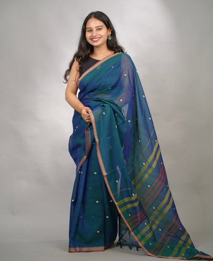 Peacock Blue Narayanpet Cotton Saree With Butta Weaving | Looms & Tassels