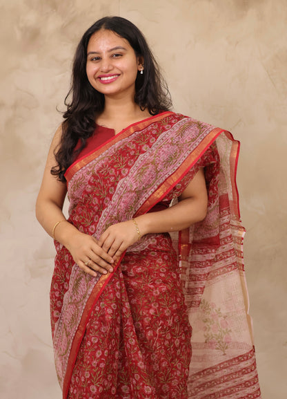Maroon Pure Kota Doria Saree with Bagru Handblock Prints | Looms & Tassels