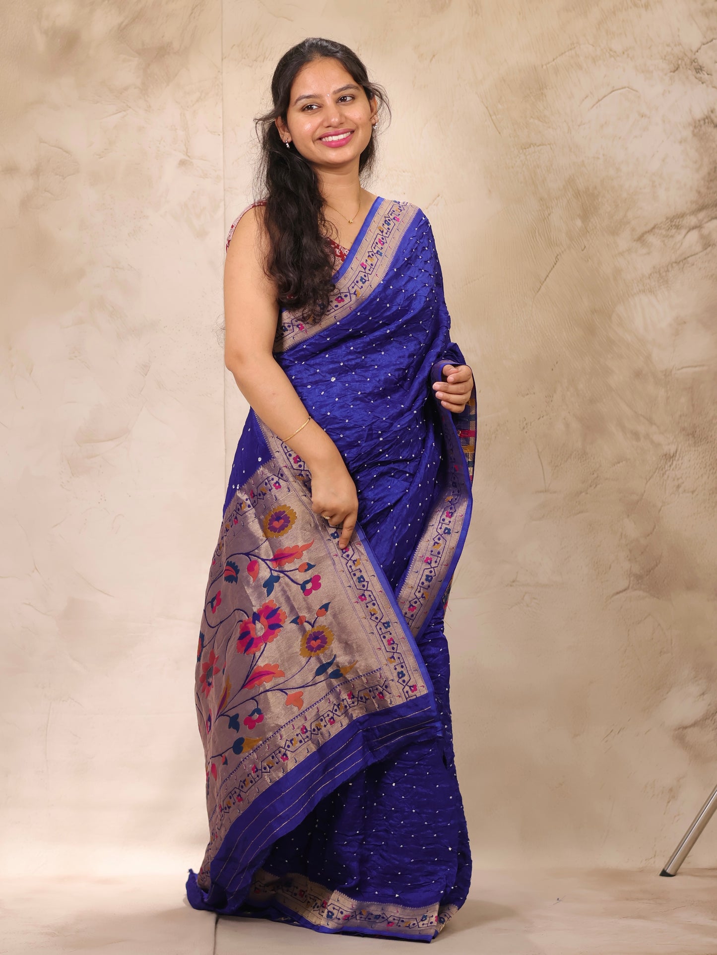 Blue Handcrafted Bandhani Paithani Dola Silk Saree | Looms & Tassels