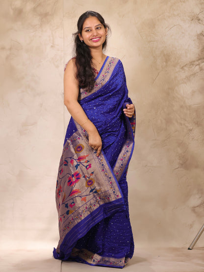 Blue Handcrafted Bandhani Paithani Dola Silk Saree | Looms & Tassels