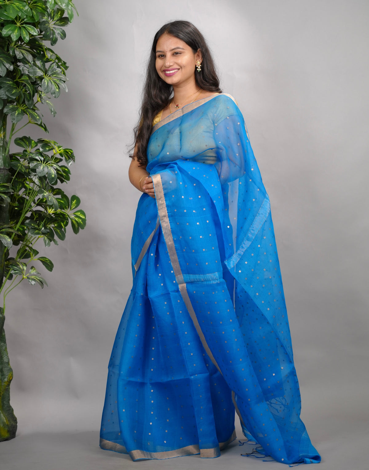 Blue Handwoven Muslin Silk Saree With Sequence Work | Looms & Tassels