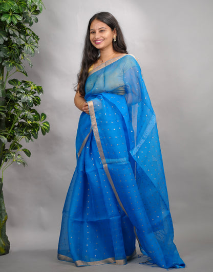 Blue Handwoven Muslin Silk Saree With Sequence Work | Looms & Tassels