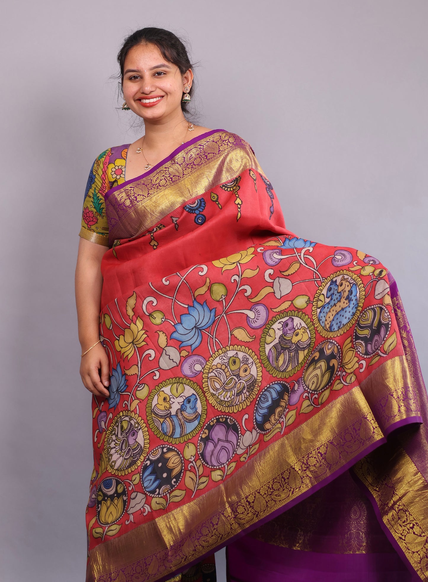 Kanchi Pattu Hand Painted Pen Kalamkari Saree