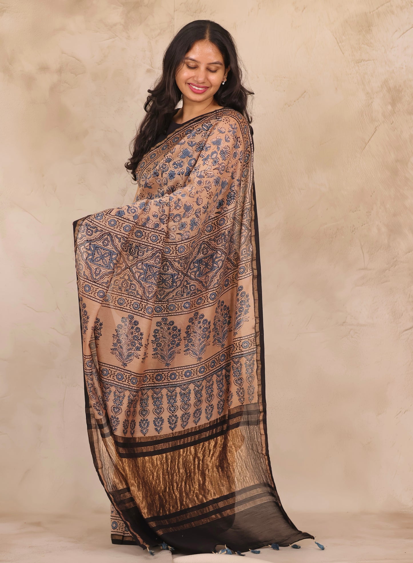 Maheswari Silk Cotton Ajrakh Handblock Printed Saree | Looms & Tassels