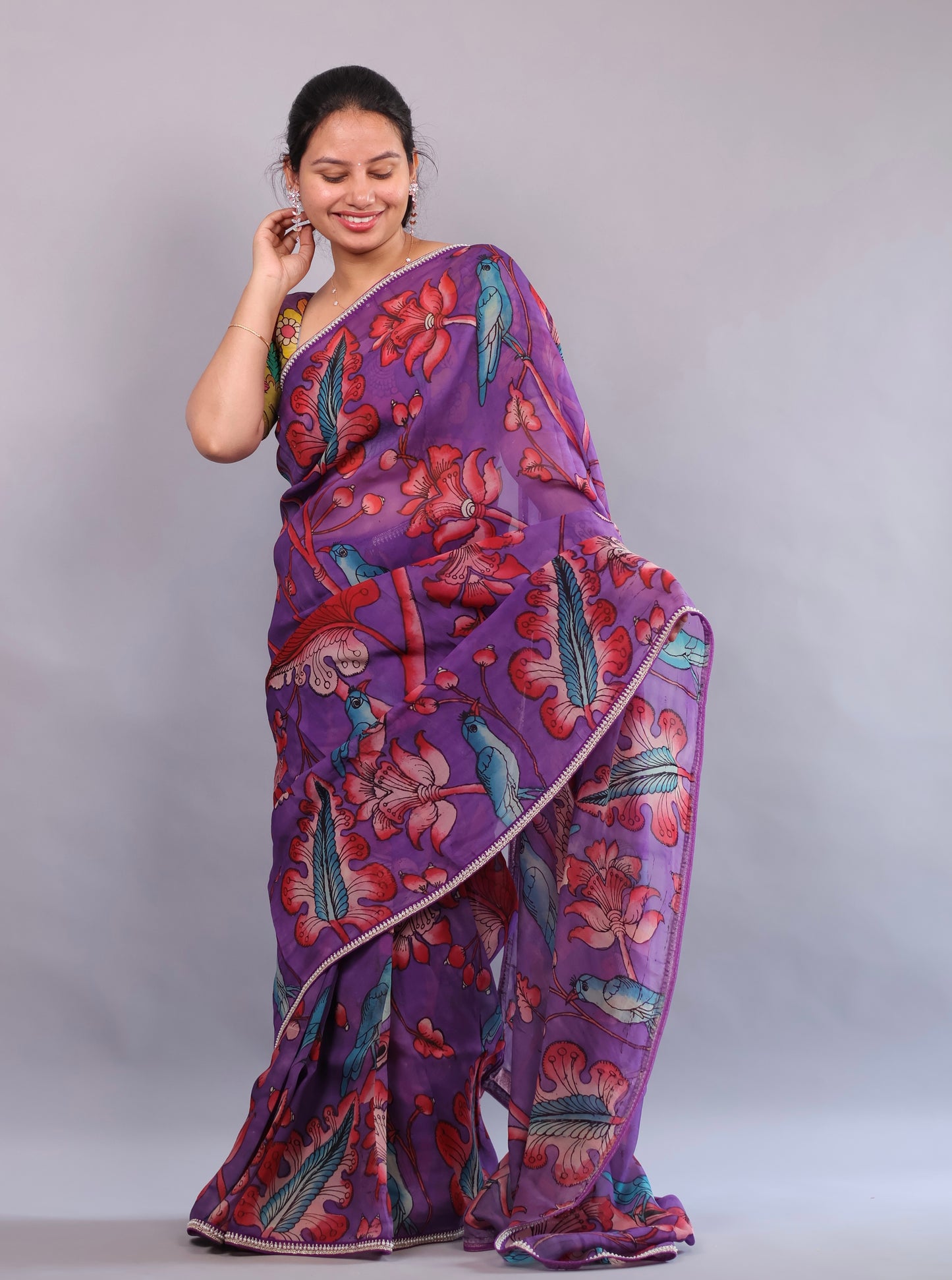 Purple Hand Painted Pen Kalamkari Organza Saree