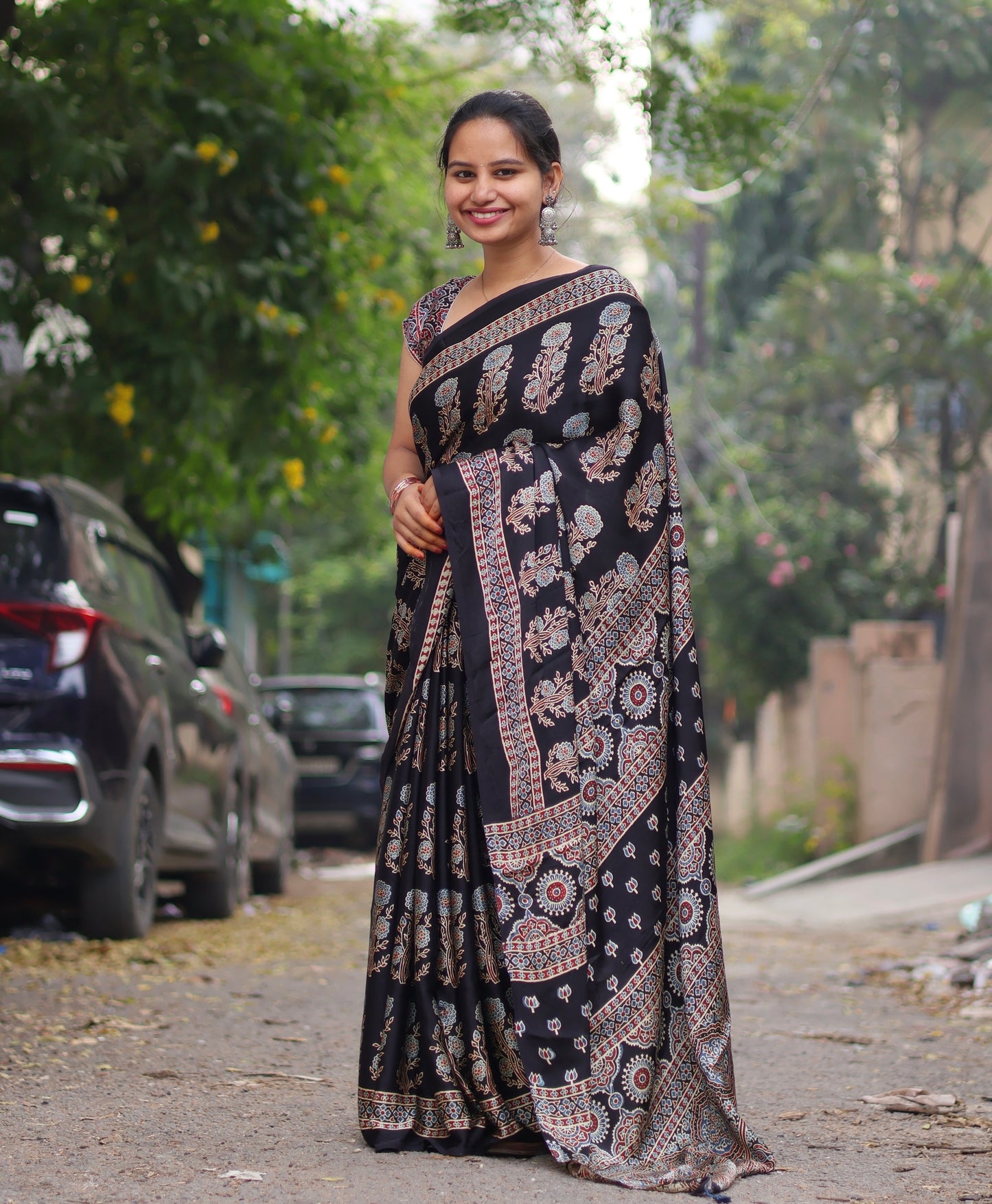 Black Ajrakh Modal Silk Saree