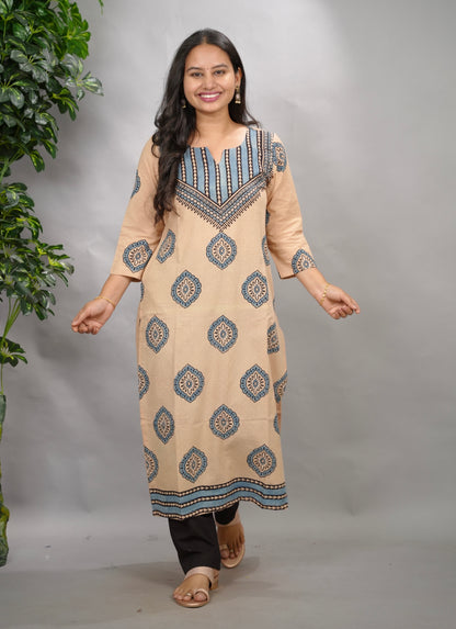 Cream Ajrakh Pattern Hand Block printed Kurti | Looms & Tassels