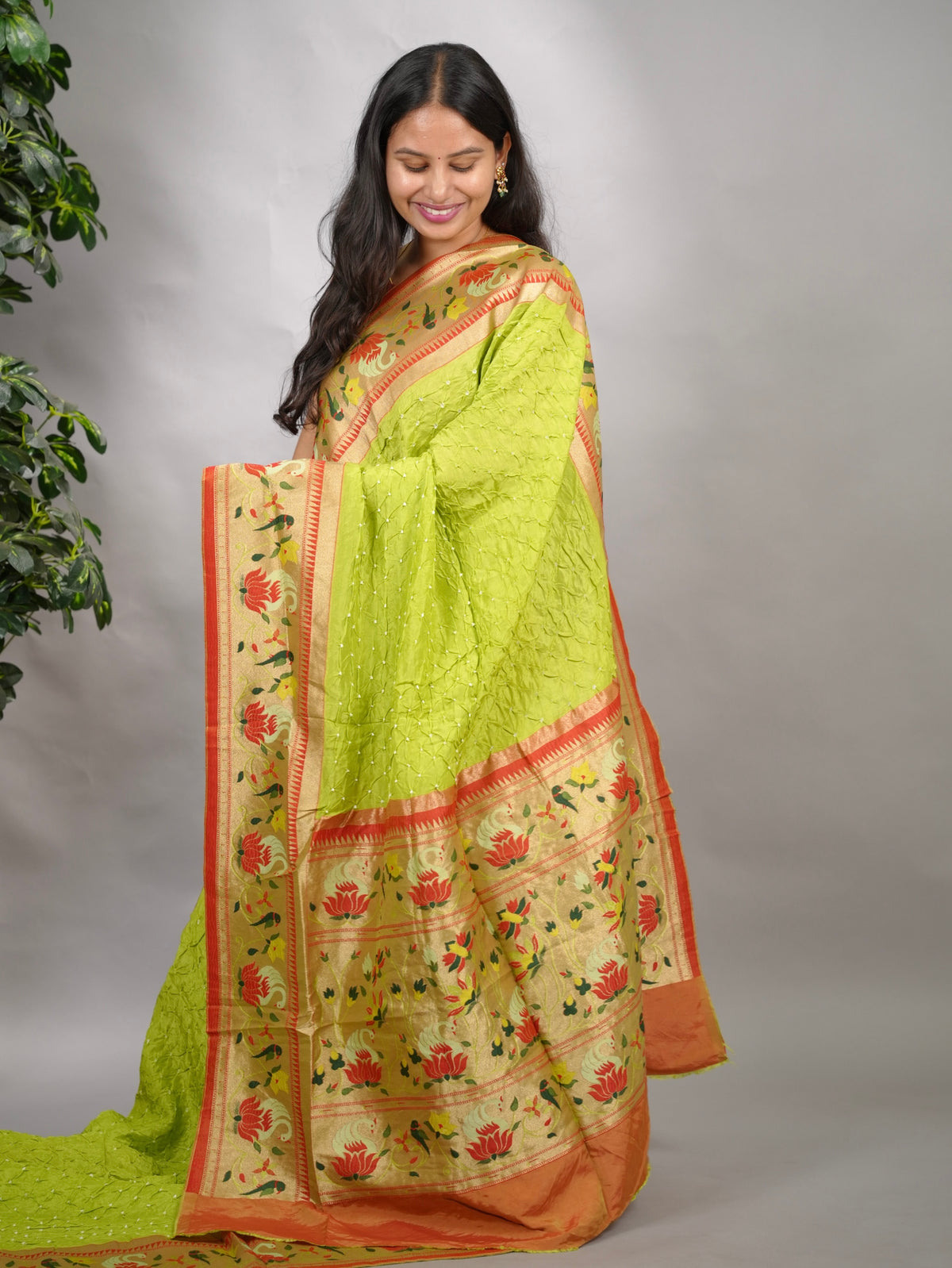 Parrot Green Handcrafted Bandhani Paithani Dola Silk Saree | Looms & Tassels