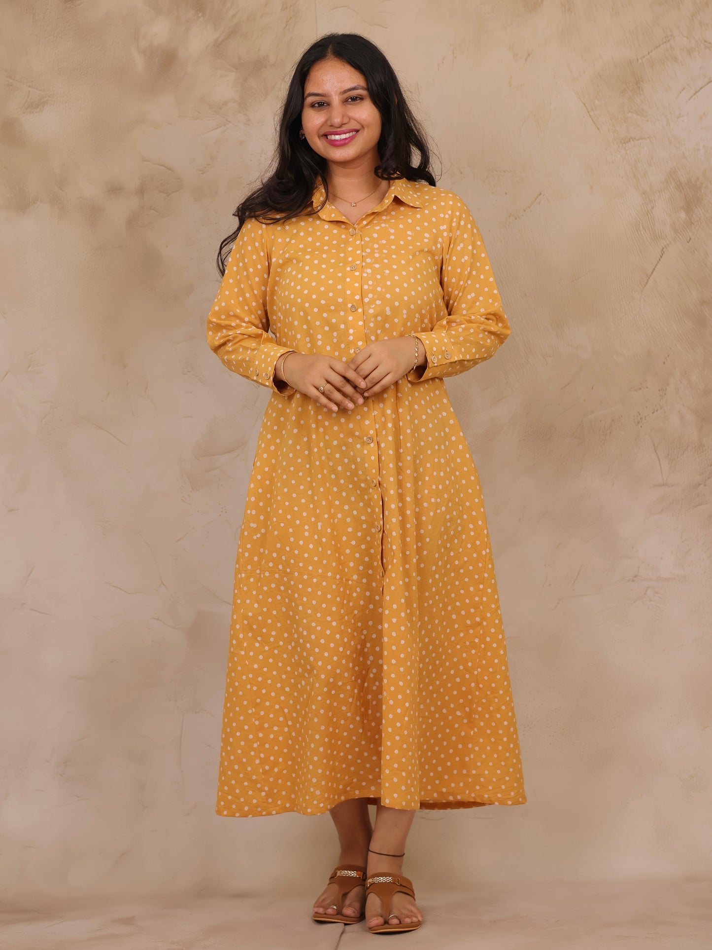 Mustard Yellow Polka Dot Pure Mul Cotton A-Line Shirt Dress | Looms & Tassels