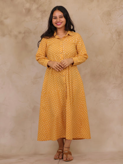 Mustard Yellow Polka Dot Pure Mul Cotton A-Line Shirt Dress | Looms & Tassels