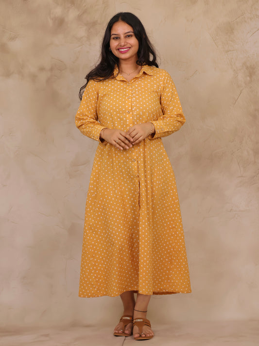 Mustard Yellow Polka Dot Pure Mul Cotton A-Line Shirt Dress | Looms & Tassels