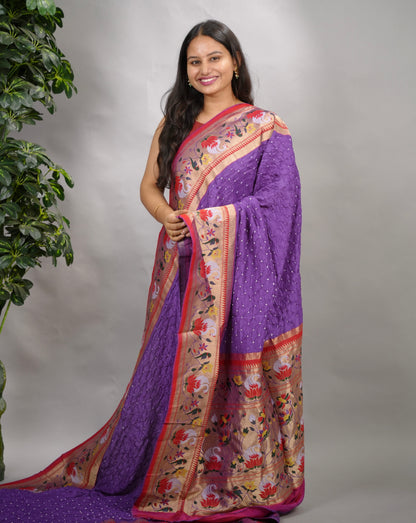 Lavender Handcrafted Bandhani Paithani Dola Silk Saree | Looms & Tassels