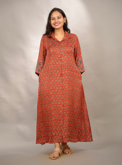 Red Ajrakh Modal Silk Aline Shirt Dress | Looms & Tassels