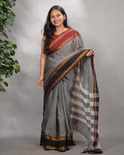 Grey Narayanpet Cotton Saree With Ganga And Jamuna Border | Looms & Tassels