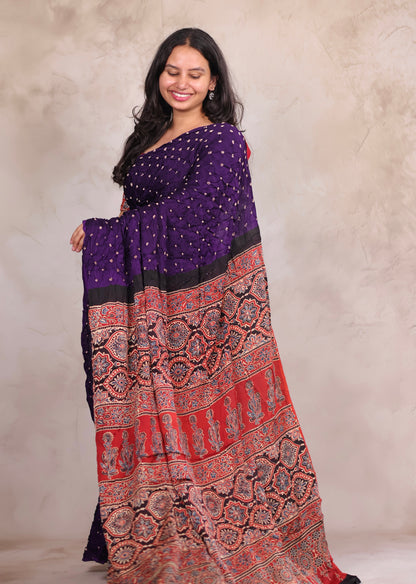 Purple Hand Knotted Bandhej Modal Silk Saree with Ajrakh Pallu | Looms & Tassels