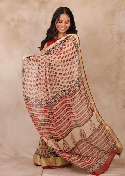 Cream Chiffon Hand Block Printed Saree with Jari Border | Looms & Tassels