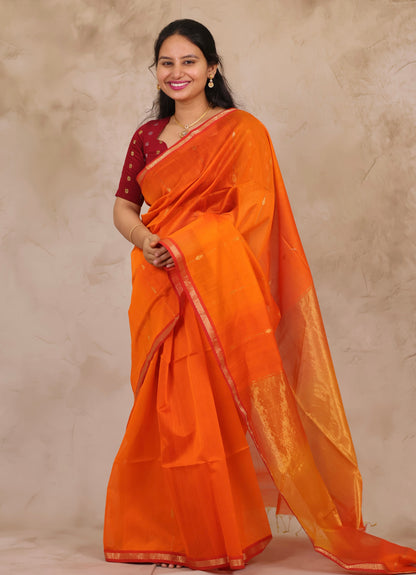 Orange Handloom Maheswari Silk Cotton Sarees | Looms & Tassels