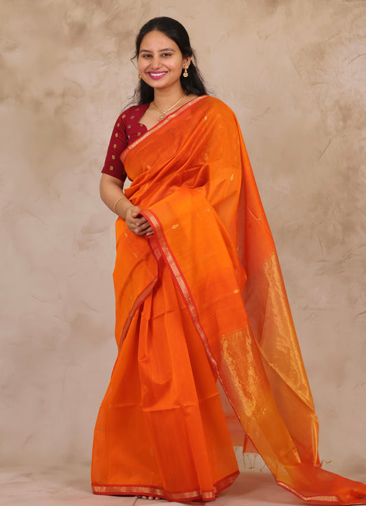 Orange Handloom Maheswari Silk Cotton Sarees | Looms & Tassels