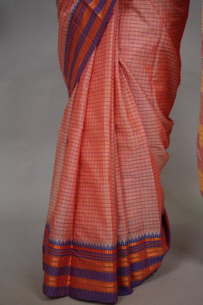Onion Pink Checks Narayanpet Cotton Saree with Traditional contrast Border | Looms & Tassels