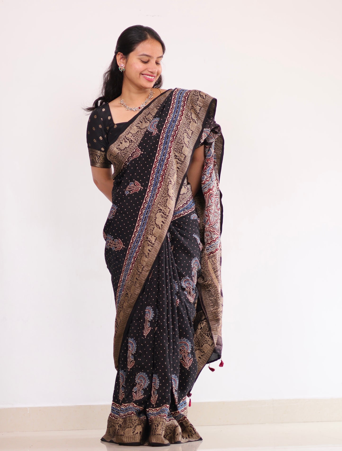 Black Ajrakh Dola Silk Saree