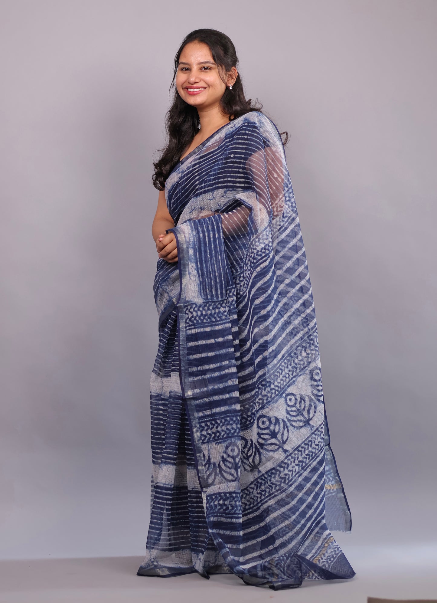 Pure Kota Doria Saree with Bagru Handblock Prints – Blue | Looms&Tassels