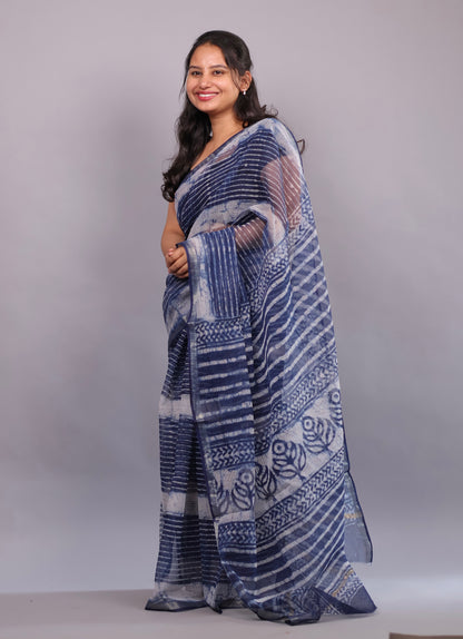 Pure Kota Doria Saree with Bagru Handblock Prints – Blue | Looms&Tassels