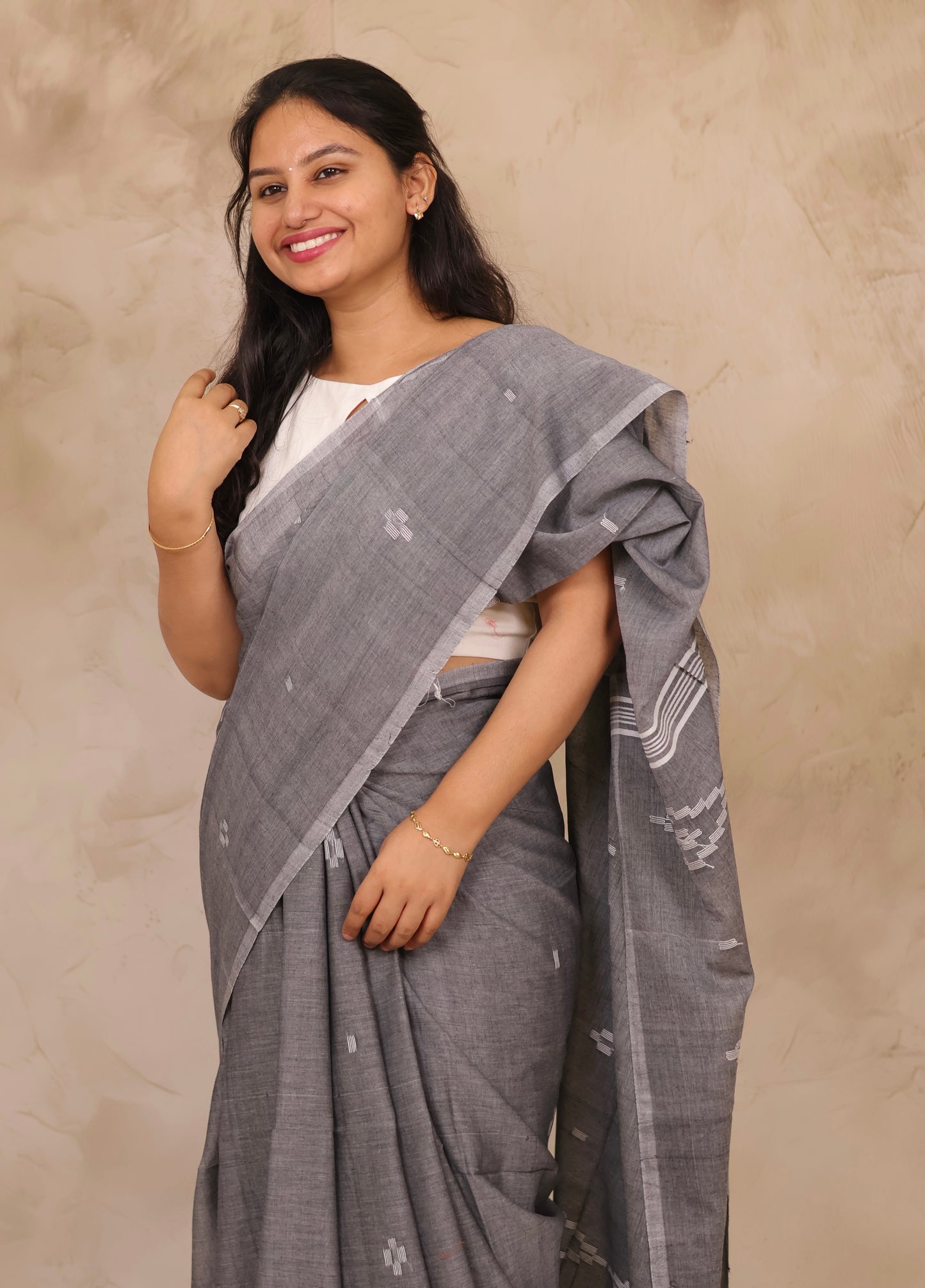 Gray Malai Cotton Saree with Butta Weaving | Looms & Tassels