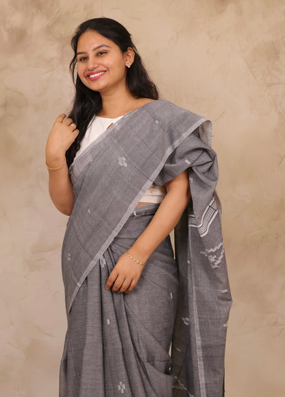 Gray Malai Cotton Saree with Butta Weaving | Looms & Tassels