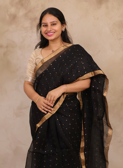 Black Handwoven Muslin Silk Saree With Sequence Work | Looms & Tassels