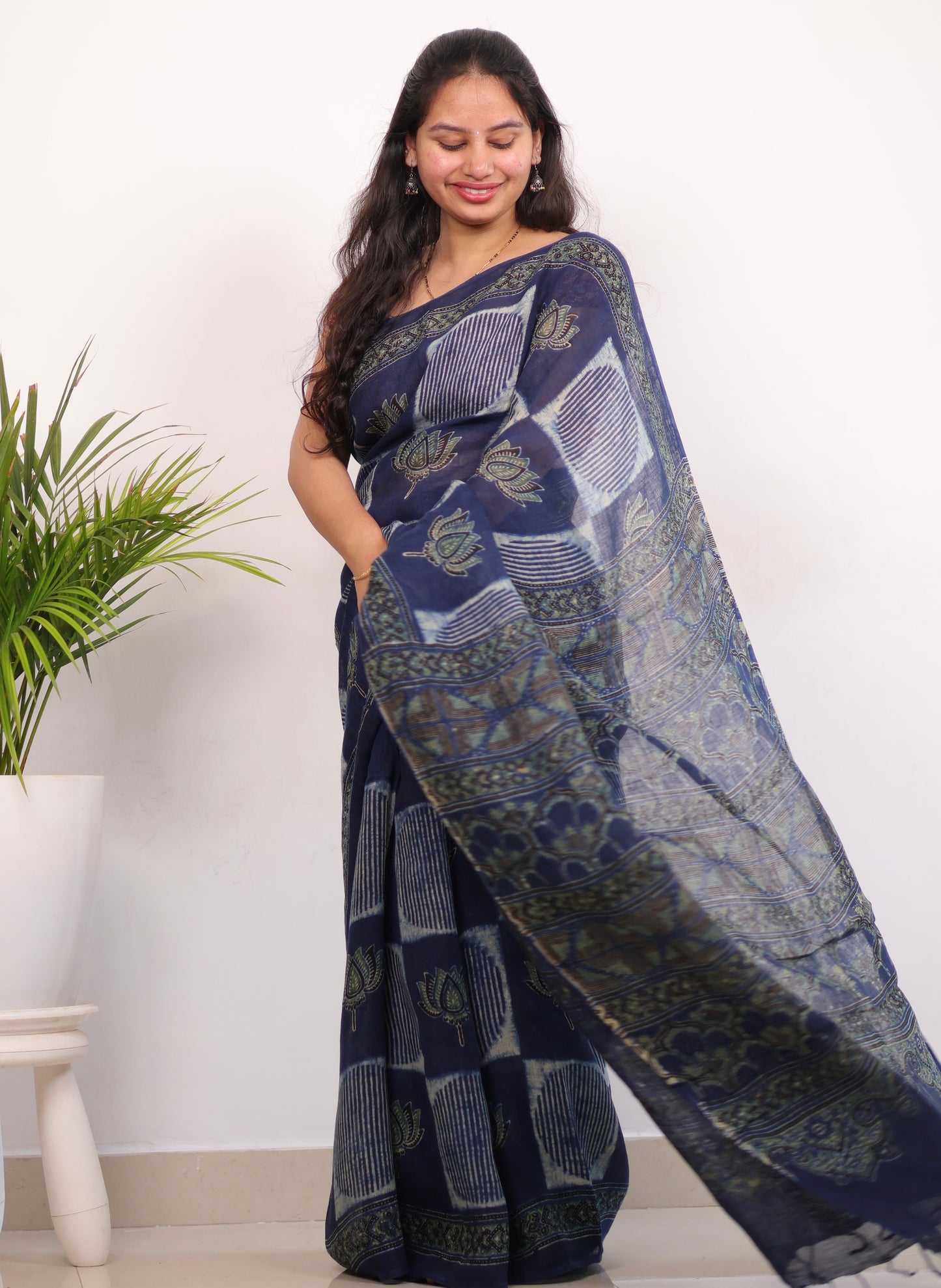 Indigo Pure Linen Ajrakh Handblock Printed Saree