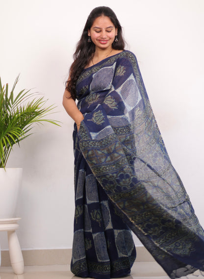 Indigo Pure Linen Ajrakh Handblock Printed Saree