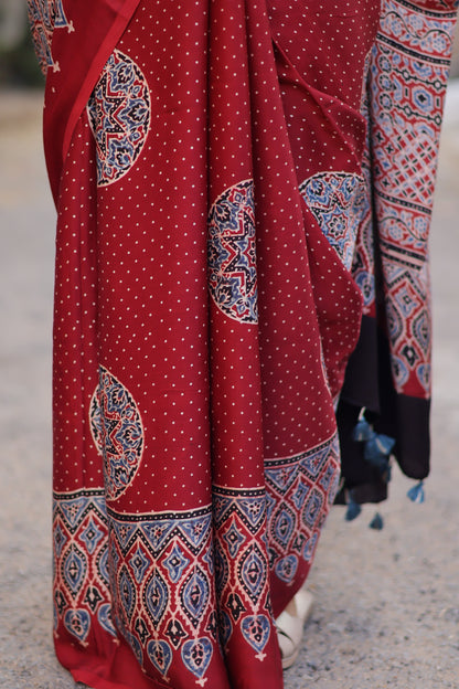 Red Ajrakh Modal Silk Saree