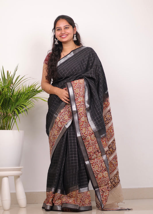 Black Checks Kalamkari dyeing premium chennur silk saree