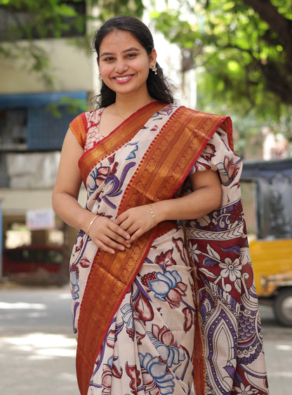 Lotus Kanchi Border Kalamkari Chennur Silk Saree