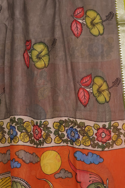 Grey Pen Kalamkari Mangalagiri silk Dupatta