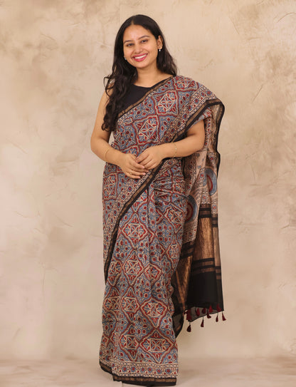 Maheswari Silk Cotton Ajrakh Handblock Printed Saree | Looms & Tassels