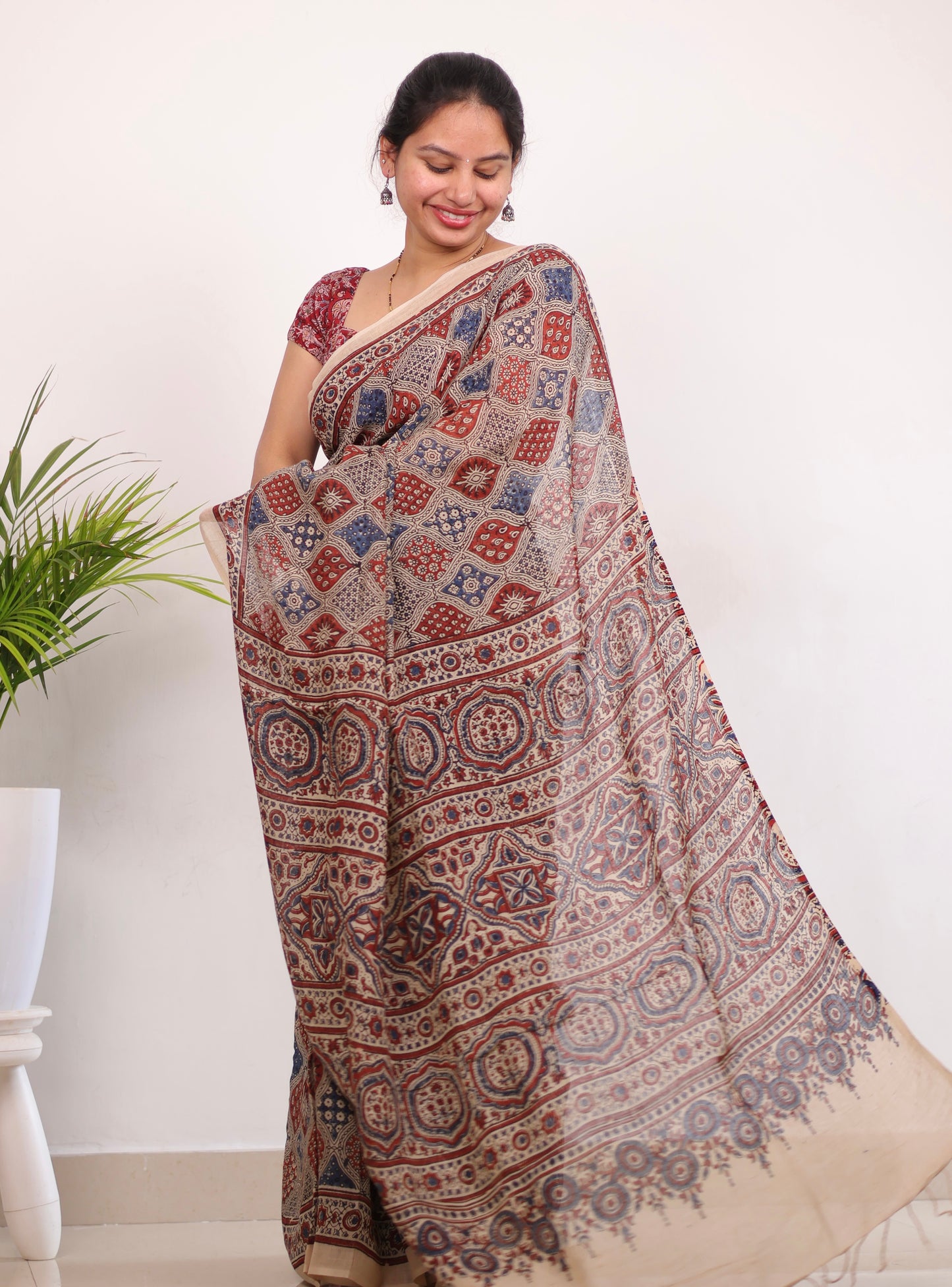 Cream Badam Butta Ajrakh Handblock Printed Saree
