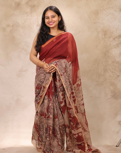 Maroon Kota Doria Saree with Kalamkari Handblock Prints | Looms & Tassels