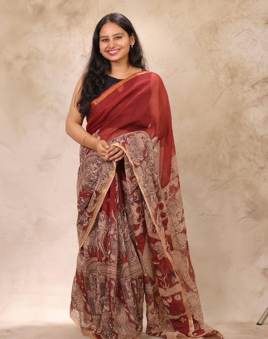 Maroon Kota Doria Saree with Kalamkari Handblock Prints | Looms & Tassels